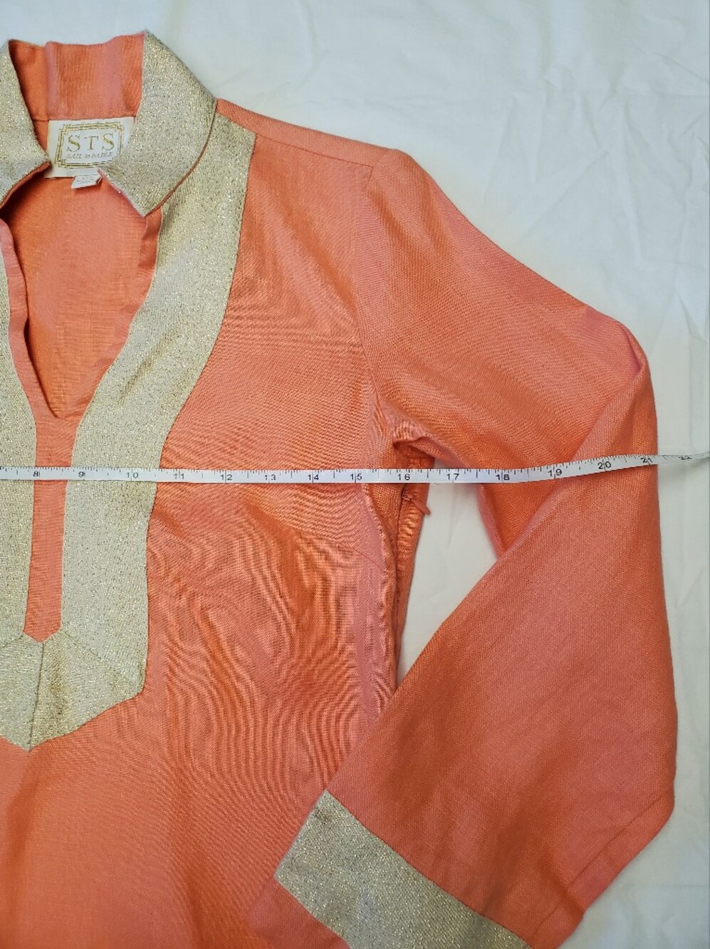 Sail to Sable Linen Tunic Dress XXS Coral Gold Metallic Trim Long Sleeve Mini - Picture 4 of 9